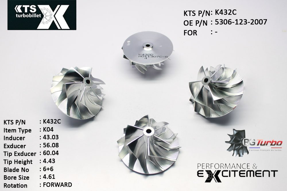 Turbo ROUE FORGÉE MFS PERFORMANCE - 6+6 PALES - INDUCER : 43,03 - EXDUCER : 56,08 - TYPE : K04ANGLE : 55° - ROTATION : Forward - SUPER BACK : 1,8 - BORE SIZE : 4,61
